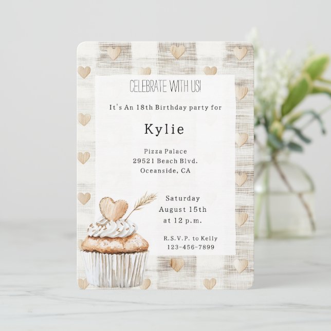 Cream Boho Hearts Cupcake Birthday   Invitation (Standing Front)