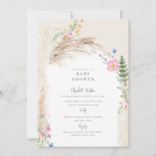 Cream Boho Pampas Wildflower Baby Shower Invitation (Front)