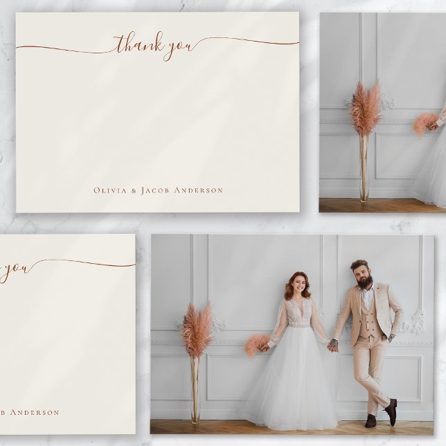 Cream Boho Simple Calligraphy Photo Wedding Thank You Card (Creator Uploaded)