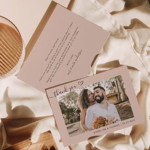 Cream Boho Simple Photo Heart Script Wedding Thank You Card