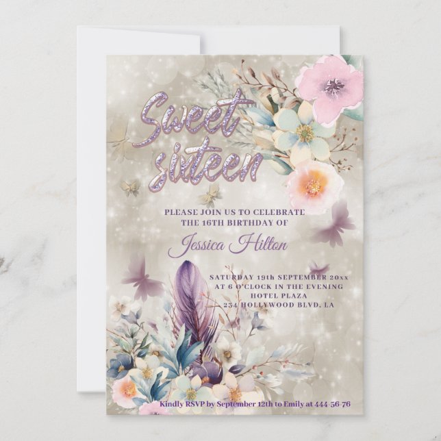 Cream bokeh Butterfly boho floral sweet sixteen Invitation (Front)