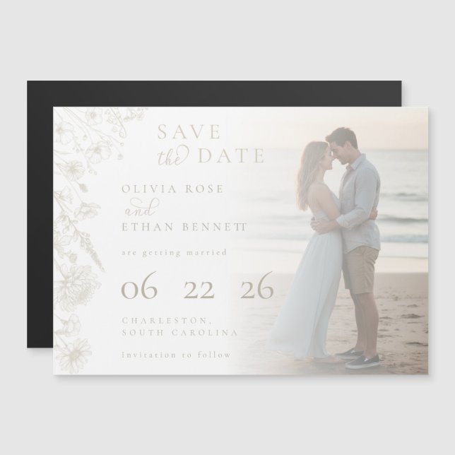 Cream Botanical Photo Wedding Save the Date (Front/Back)