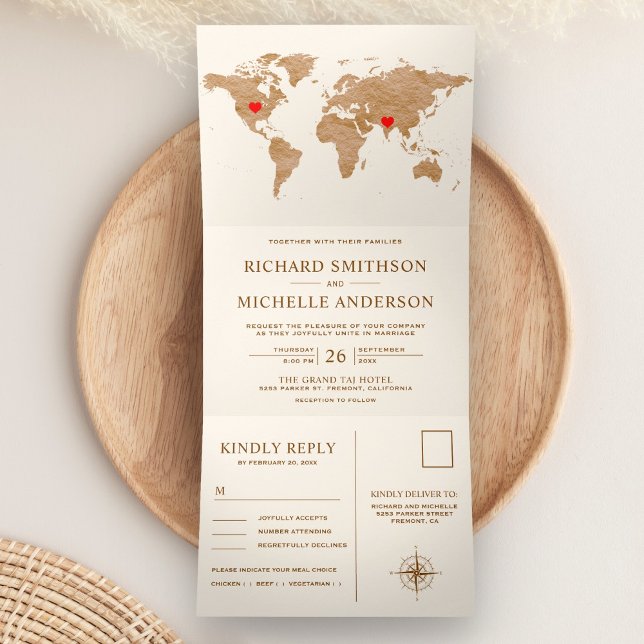 Cream Bronze World Map All in One Wedding Tri-Fold Invitation (Creator Uploaded)