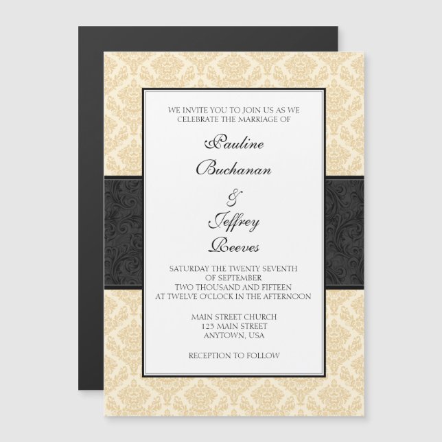 Cream Brown Black Damask Magnetic Wedding Invites (Front/Back)