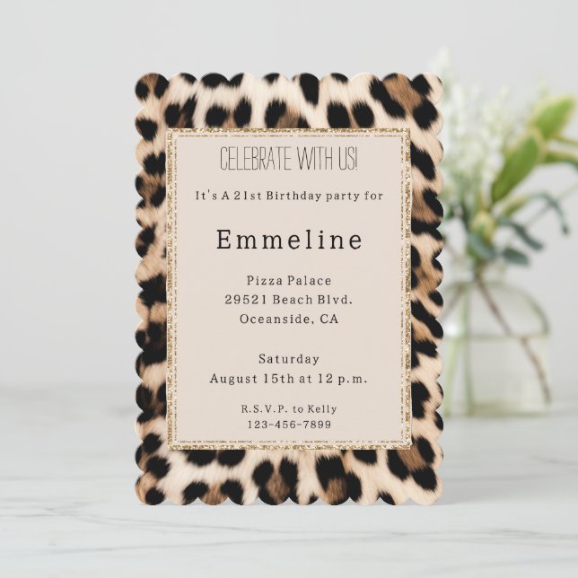 Cream Brown Black Leopard Gold Glitter Invitation (Standing Front)