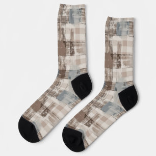 Cream Brown Blue Abstract Squares Socks