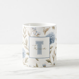 Cream Brown Blue Flowers Monogram Initial Name Coffee Mug