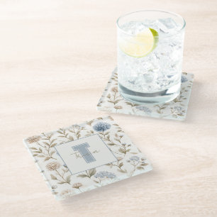 Cream Brown Blue Flowers Monogram Initial Name Glass Coaster