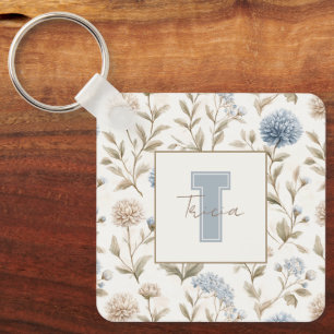 Cream Brown Blue Flowers Monogram Initial Name Key Ring