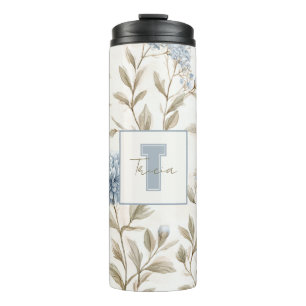 Cream Brown Blue Flowers Monogram Initial Name Thermal Tumbler