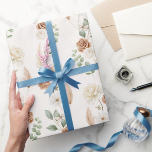 Cream Brown Bohemian Flowers Bridal Shower Wrapping Paper