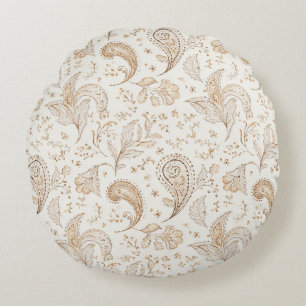 Cream Brown Boho Bohemian Round Cushion