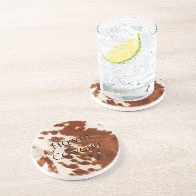 Cream Brown Cowgirl Cowboy Cowhide Coaster (Side)