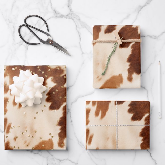 Cream Brown Cowhide Gold Tree Wrapping Paper Sheet (Front)