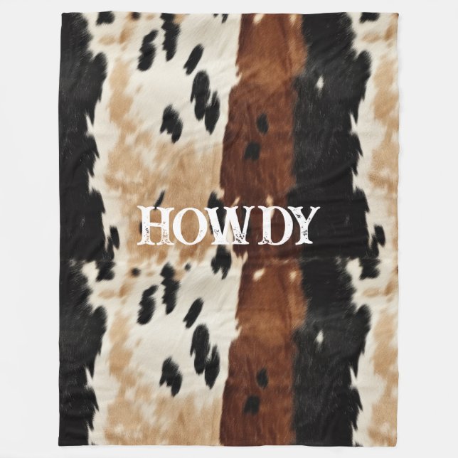 Cream Brown Cowhide Howdy  Fleece Blanket (Front)