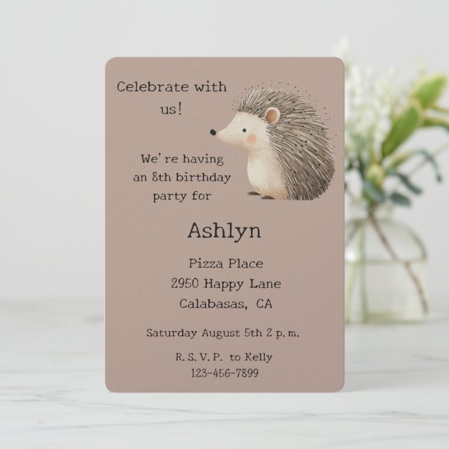 Cream Brown Cute Hedgehog Animal Birthday Invitation (Standing Front)