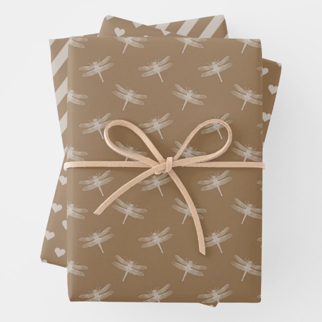 Cream Brown Dragonflies Hearts Stripes Wrapping Paper Sheet (In situ)