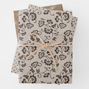 Cream Brown Flowers Dots Dragonflies Wrapping Paper Sheet