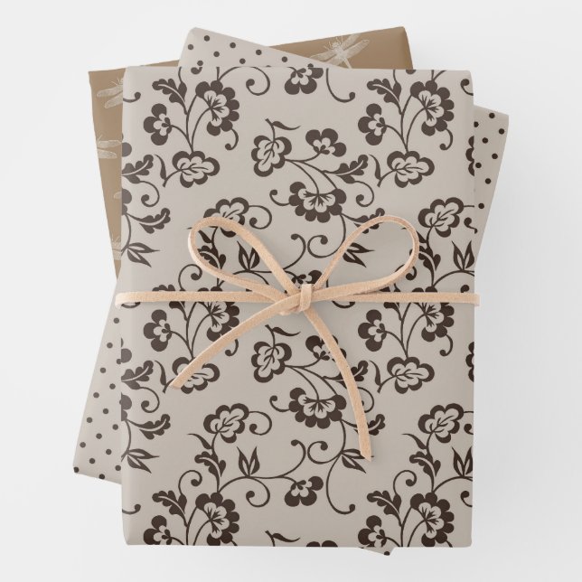 Cream Brown Flowers Dots Dragonflies Wrapping Paper Sheet (In situ)