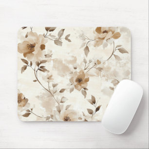 Cream Brown Flowers Mouse Mat