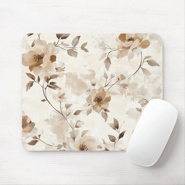 Cream Brown Flowers Mouse Mat (With Mouse)