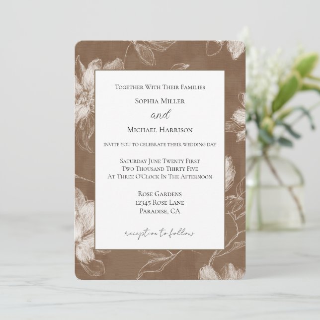 Cream Brown Flowers Wedding Invitation (Standing Front)