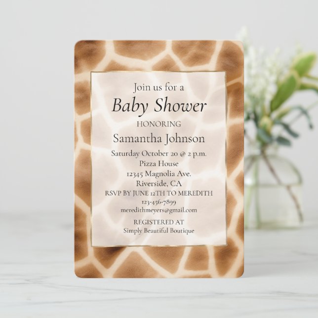 Cream Brown Giraffe Animal Print Invitation (Standing Front)