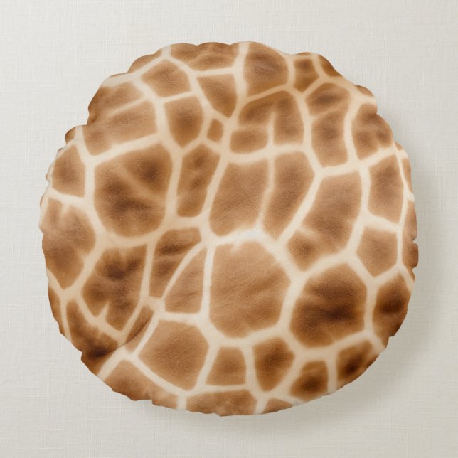 Cream Brown Giraffe Animal Print Round Cushion (Front)