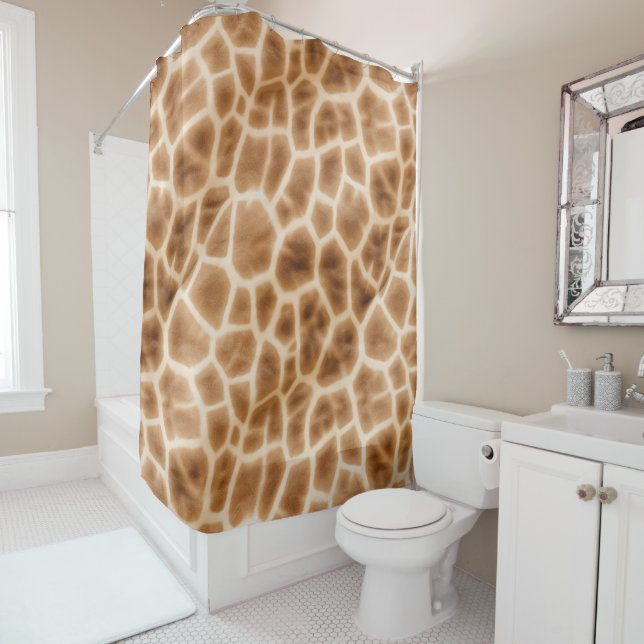 Cream Brown Giraffe Animal Print Shower Curtain (In Situ)