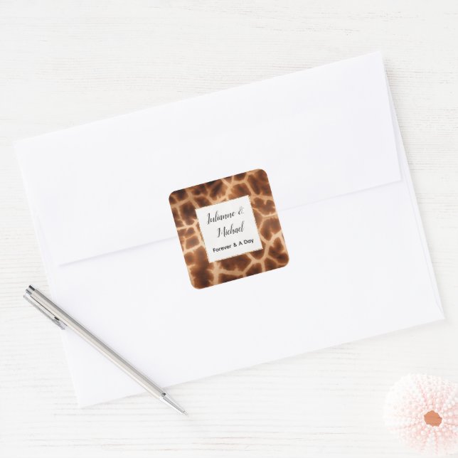 Cream Brown Giraffe Animal Wedding Square Sticker (Envelope)