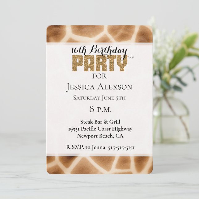 Cream Brown Giraffe Gold Glitter Party Invitation (Standing Front)