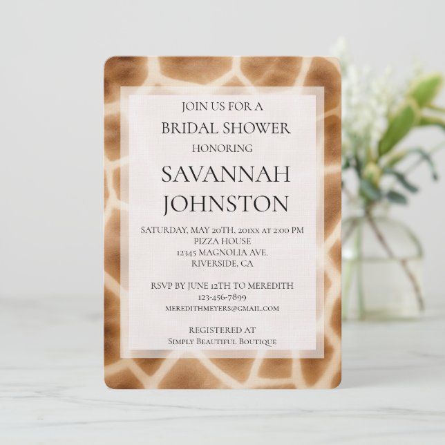Cream Brown Giraffe Safari Animal Bridal shower Invitation (Standing Front)
