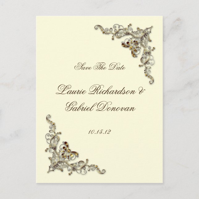 Cream Brown Gold Ornate Jewelled Save The Date Announcement Postcard (Front)
