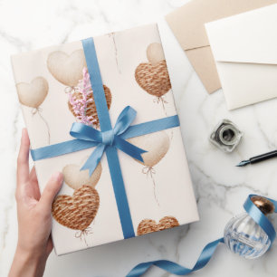 Cream Brown Heart Balloons Love in the Air Wrapping Paper