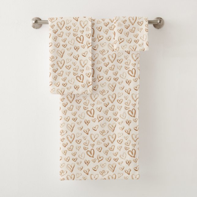 Cream Brown Hearts Valentine's Day Bath Towel Set (Insitu)