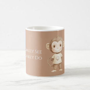 Cream Brown Monkey See Monkey Do Coffee Mug