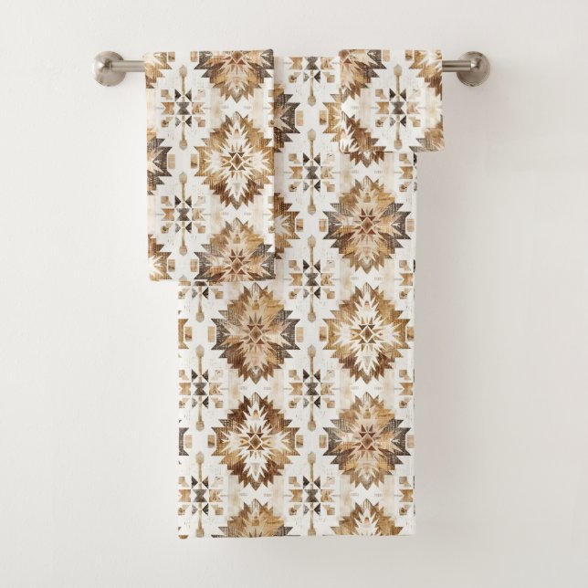 Cream Brown Native Tribal Bath Towel Set (Insitu)