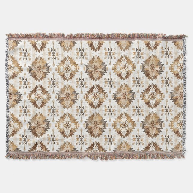 Cream Brown Native Tribal Throw Blanket (Front)