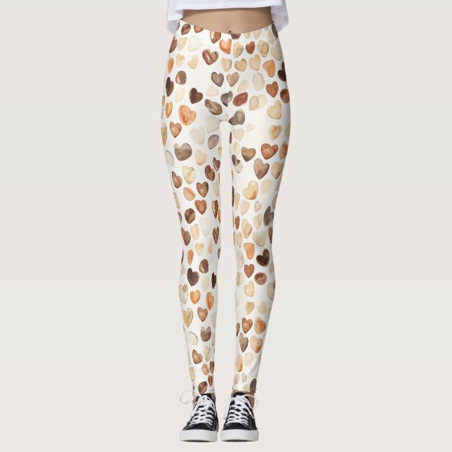 Cream Brown Peach Coffee Beans Hearts  Leggings (Front)