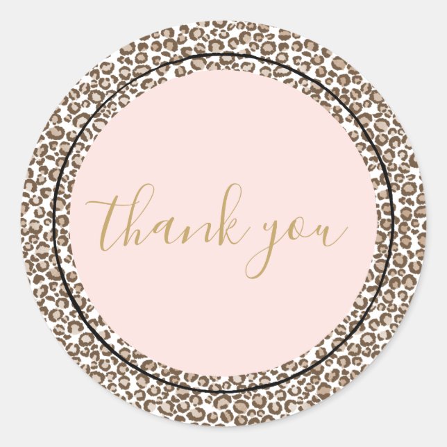 Cream Brown Pink Leopard Print Thank you Classic Round Sticker (Front)
