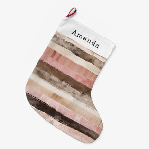 Cream Brown Pink Stripes Christmas Large Christmas Stocking