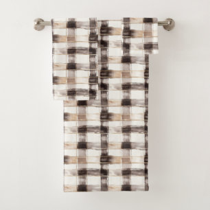Cream Brown Plaid Stripes Bath Towel Set