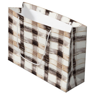 Cream Brown Plaid Stripes Birthday Large Gift Bag