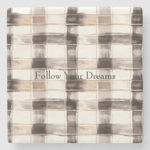 Cream Brown Plaid Stripes Stone Coaster