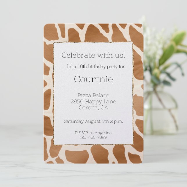 Cream Brown Safari Giraffe Animal Print Birthday Invitation (Standing Front)