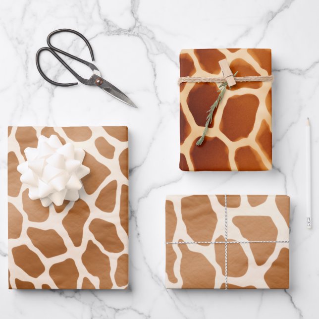 Cream Brown Safari Giraffe Animal Print Wrapping Paper Sheet (Front)