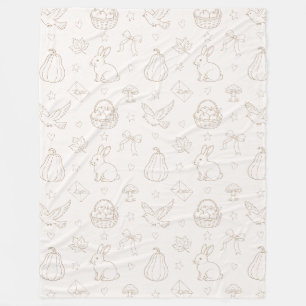 Cream Brown Sketch Baskets Birds Bunnies Fleece Blanket