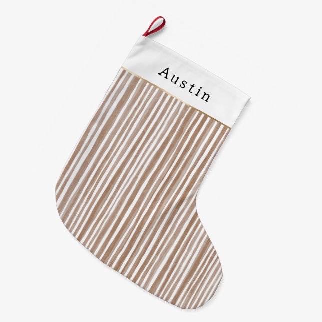Cream Brown Stripes Christmas    Large Christmas Stocking (Front (Hanging))