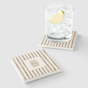 Cream Brown Stripes Monogram Initial Name Stone Coaster