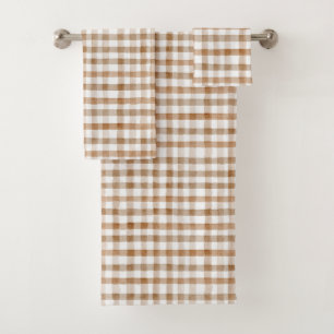 Cream Brown Stripes Tan Plaid Bath Towel Set
